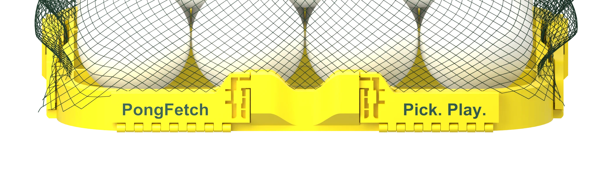 Front latches with PongFetch on the left and Pick. Play. on the right