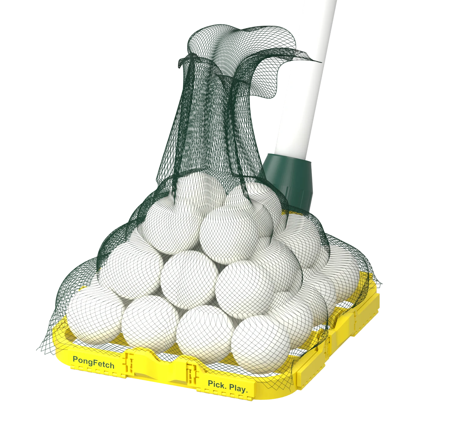 Yellow PongFetch frame with a dark green net, white table tennis balls and a white PVC handle